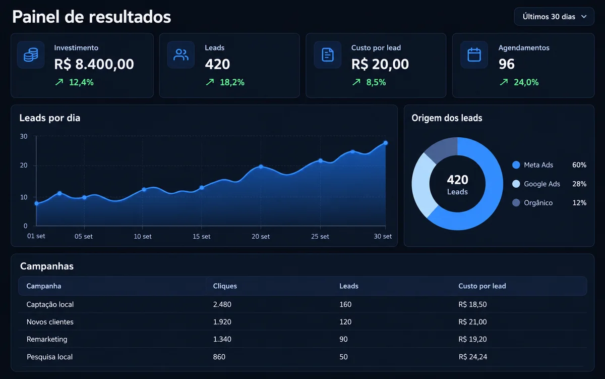 Exemplo de painel de resultados de anúncios